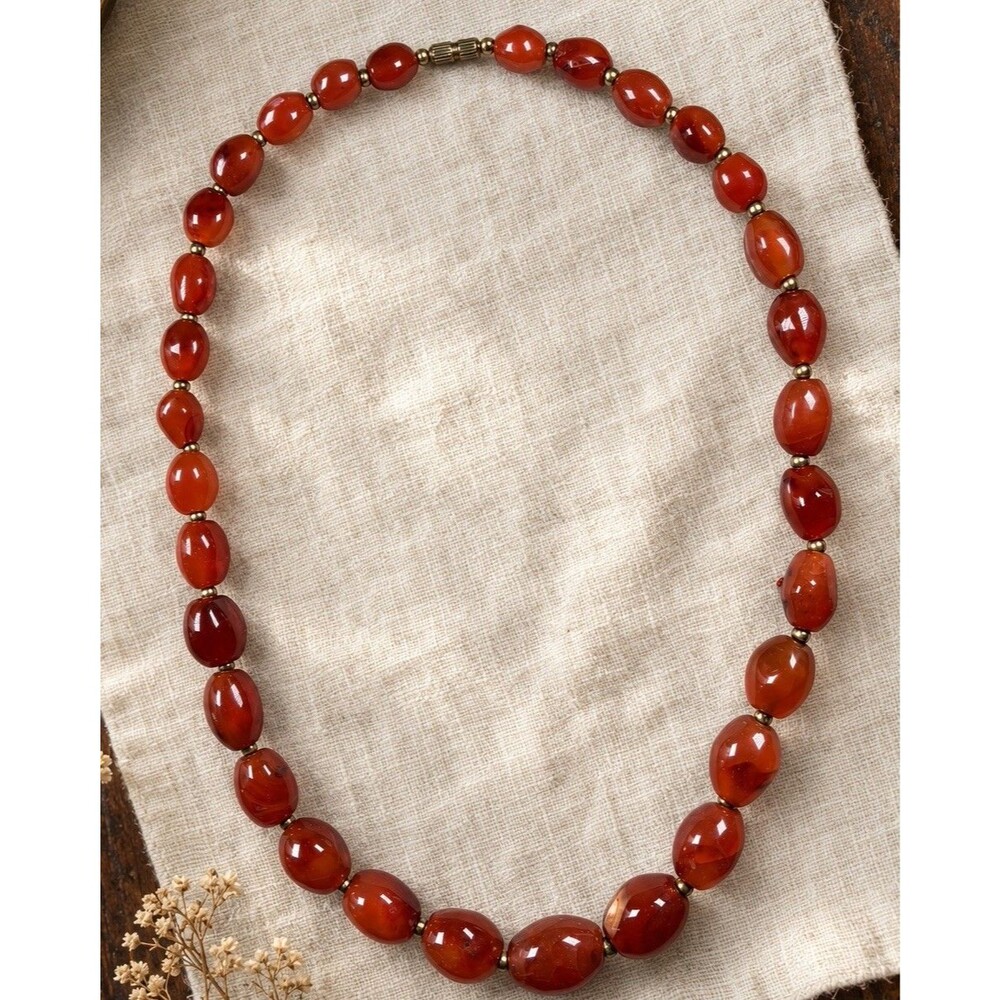 Vintage Carnelian Agate Beaded Necklace Graduated Red Orange Stone 23”